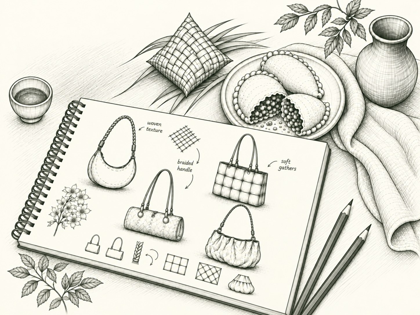 An engraving of a be.Bold sketchbook translating heritage snacks into bag designs