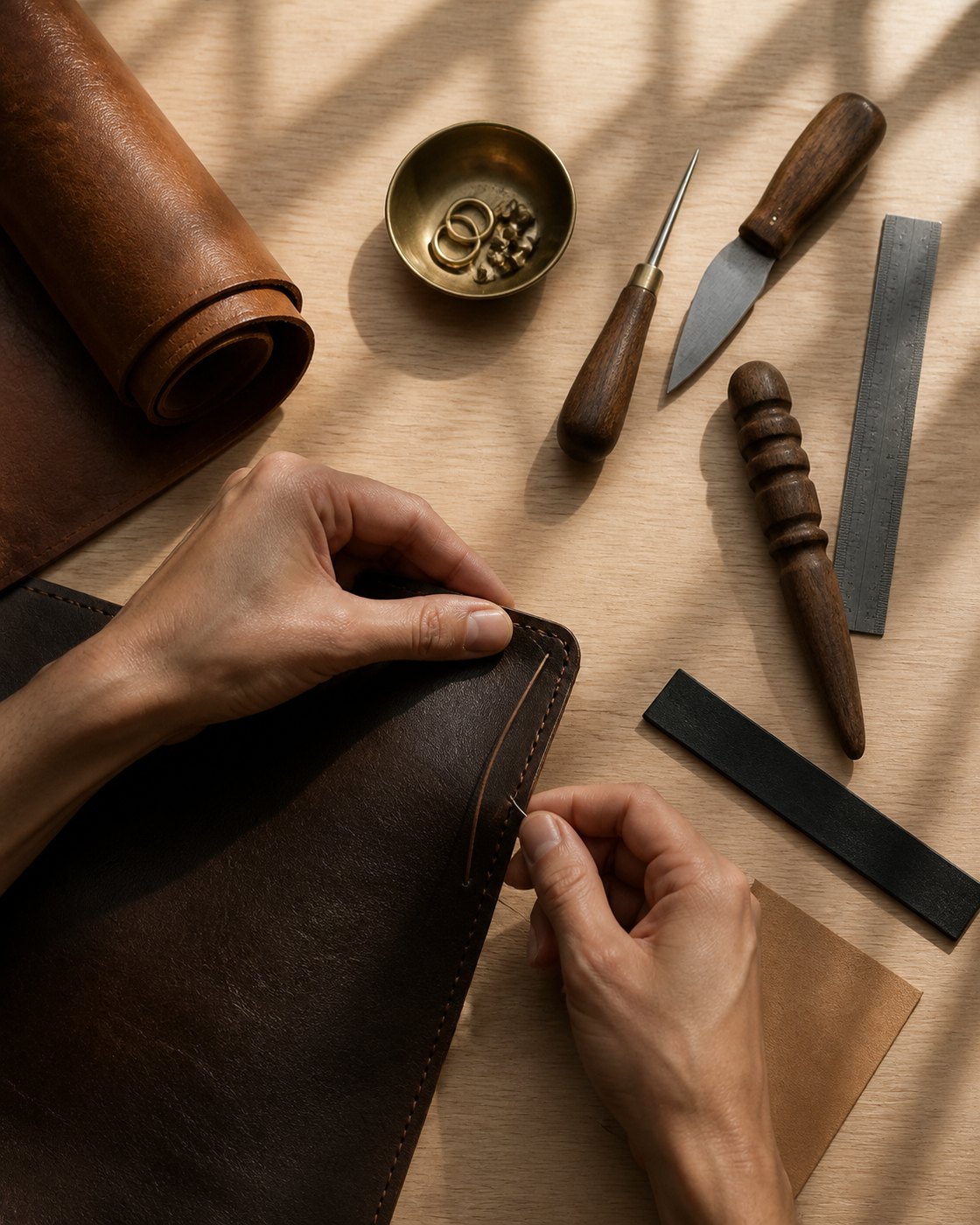 An artisan hand-stitching a dark brown leather bag on a pale workbench, surrounded by edge tools, an awl and a rolled leather hide