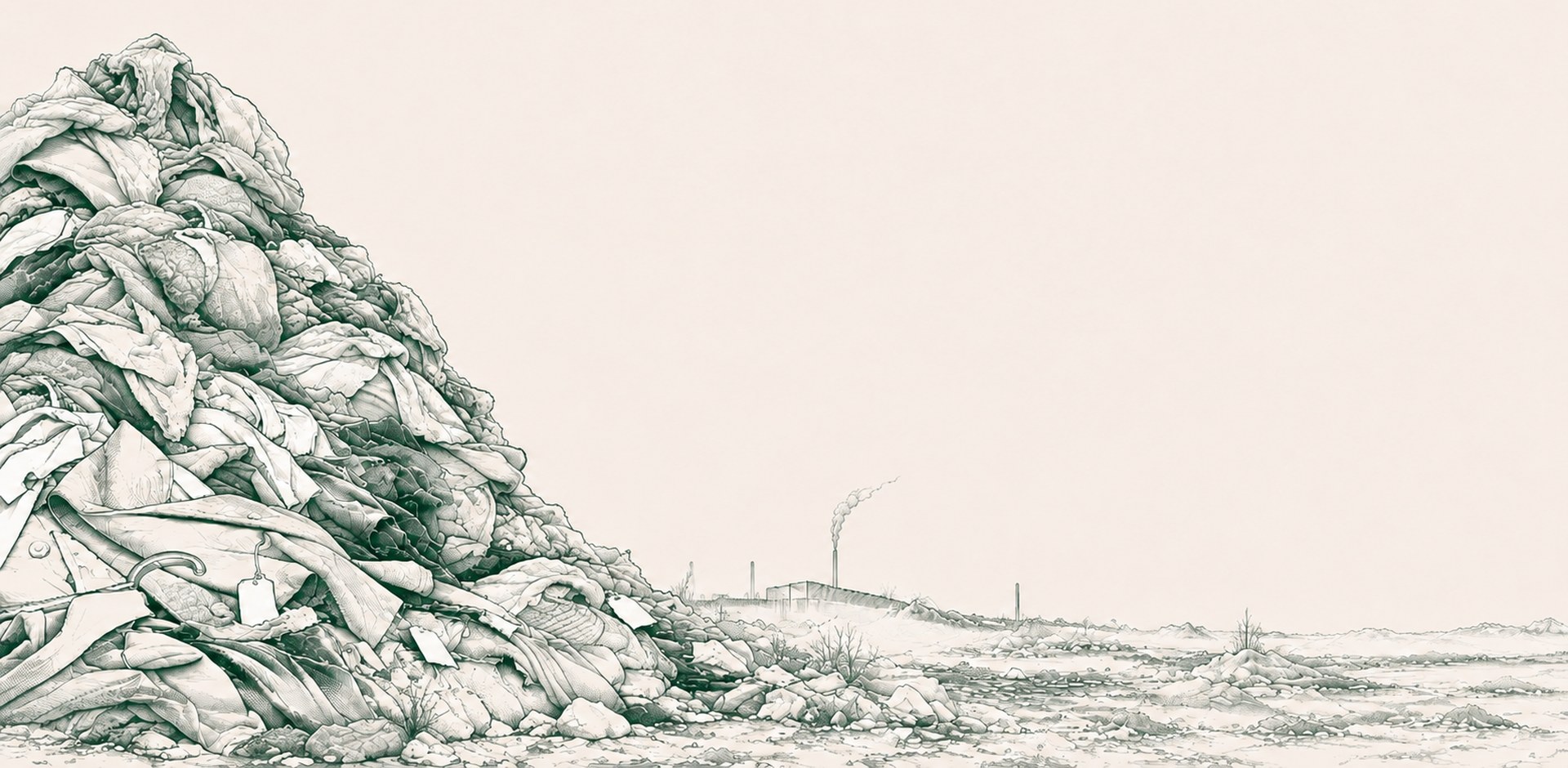 Line illustration of a barren landscape with a towering heap of discarded clothing, price tags and hangers on the left, and a distant factory chimney