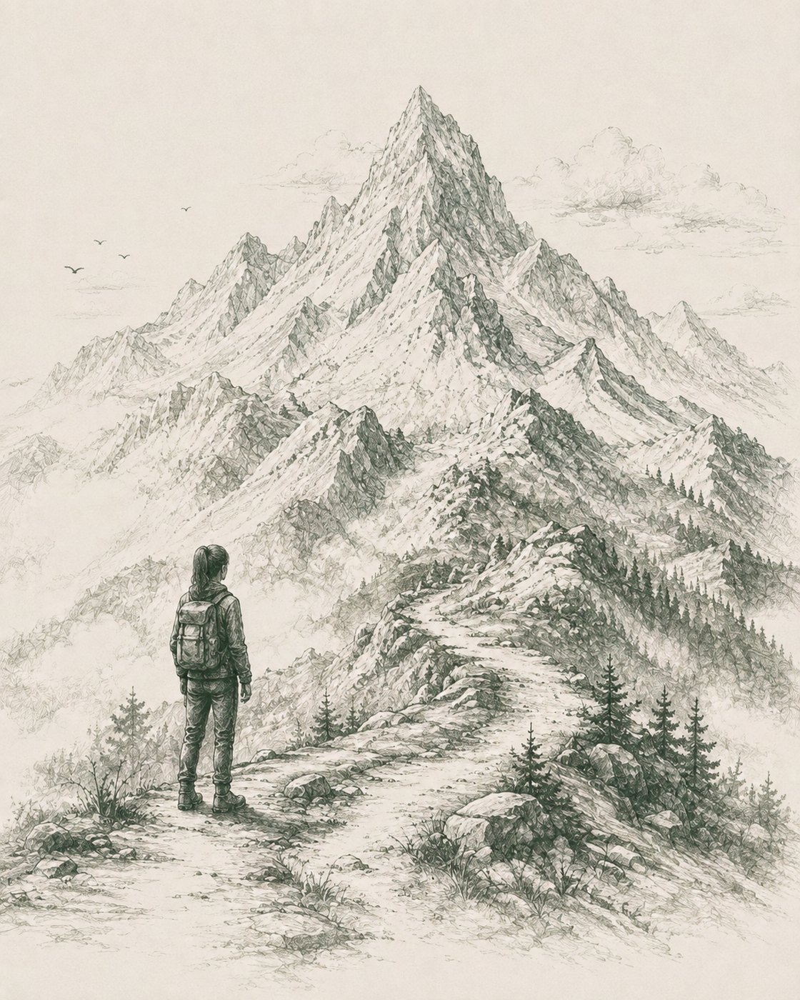 Illustration of a woman with a backpack on a mountain path, facing a towering peak