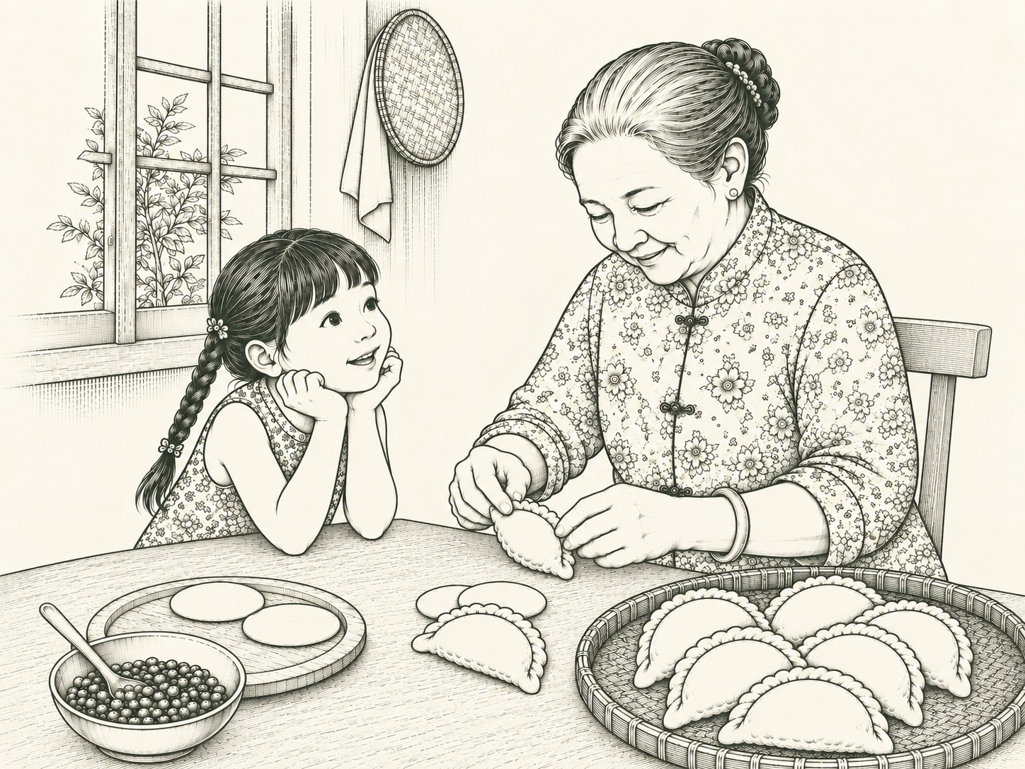 An engraving of a grandmother making dumplings while her young granddaughter watches