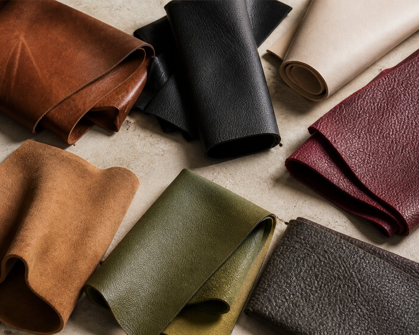 Folded swatches of leather and leather alternatives in tan, black, olive, oxblood, cream and dark brown, laid out on a pale stone surface