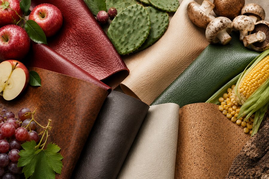 A folded piece of olive-green plant-based leather