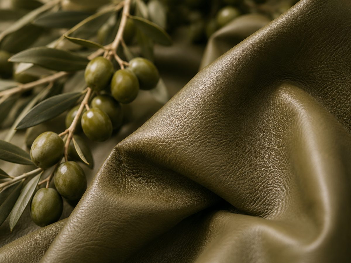 Close-up of be.Bold olive-based Oleatex leather in a warm taupe tone