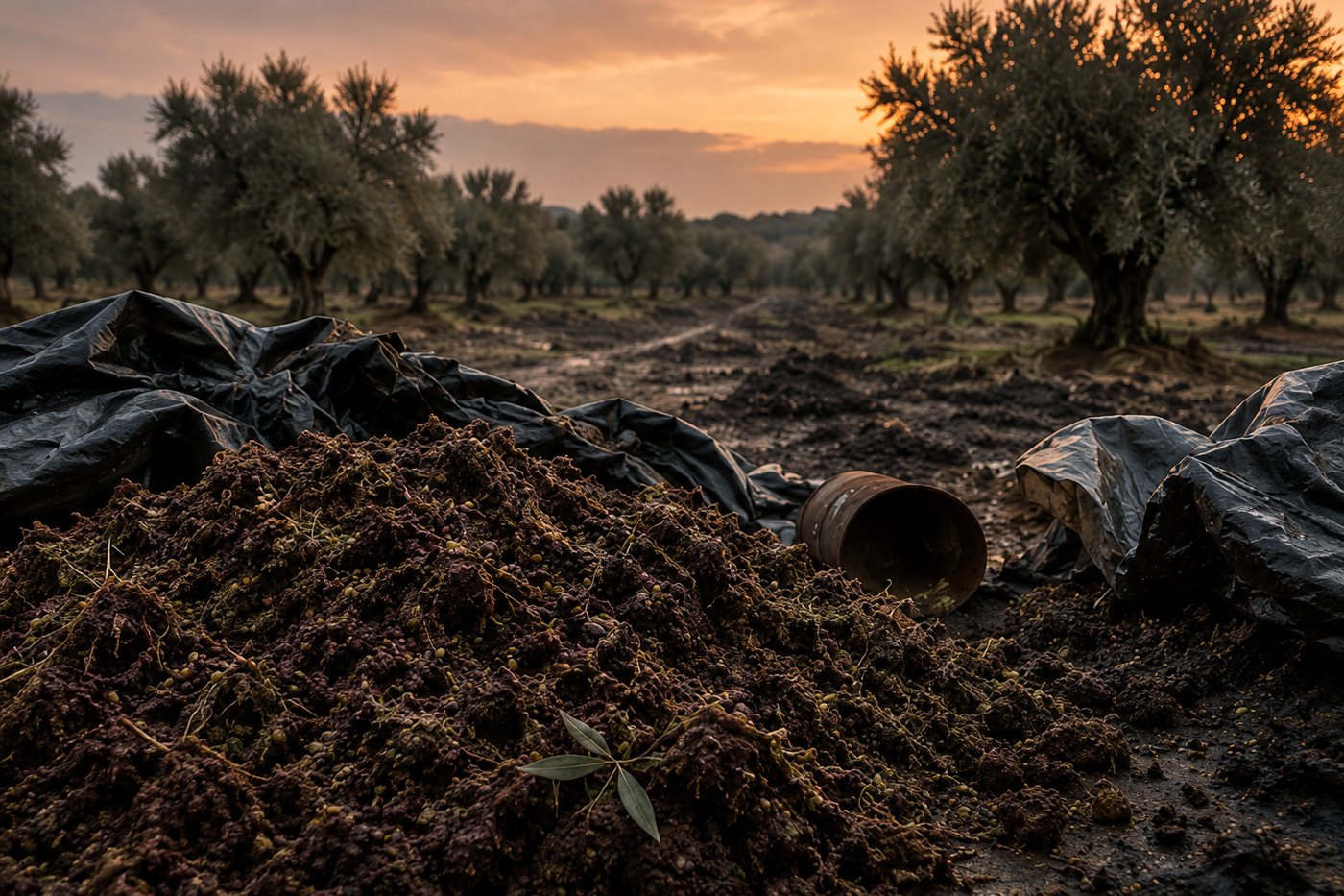 Olive pomace — the damp pulp left after olives are pressed for oil — heaped beside the press
