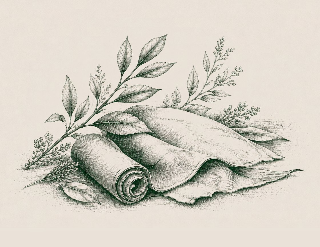 Illustration of a rolled length of leather with botanical leaves and sprigs