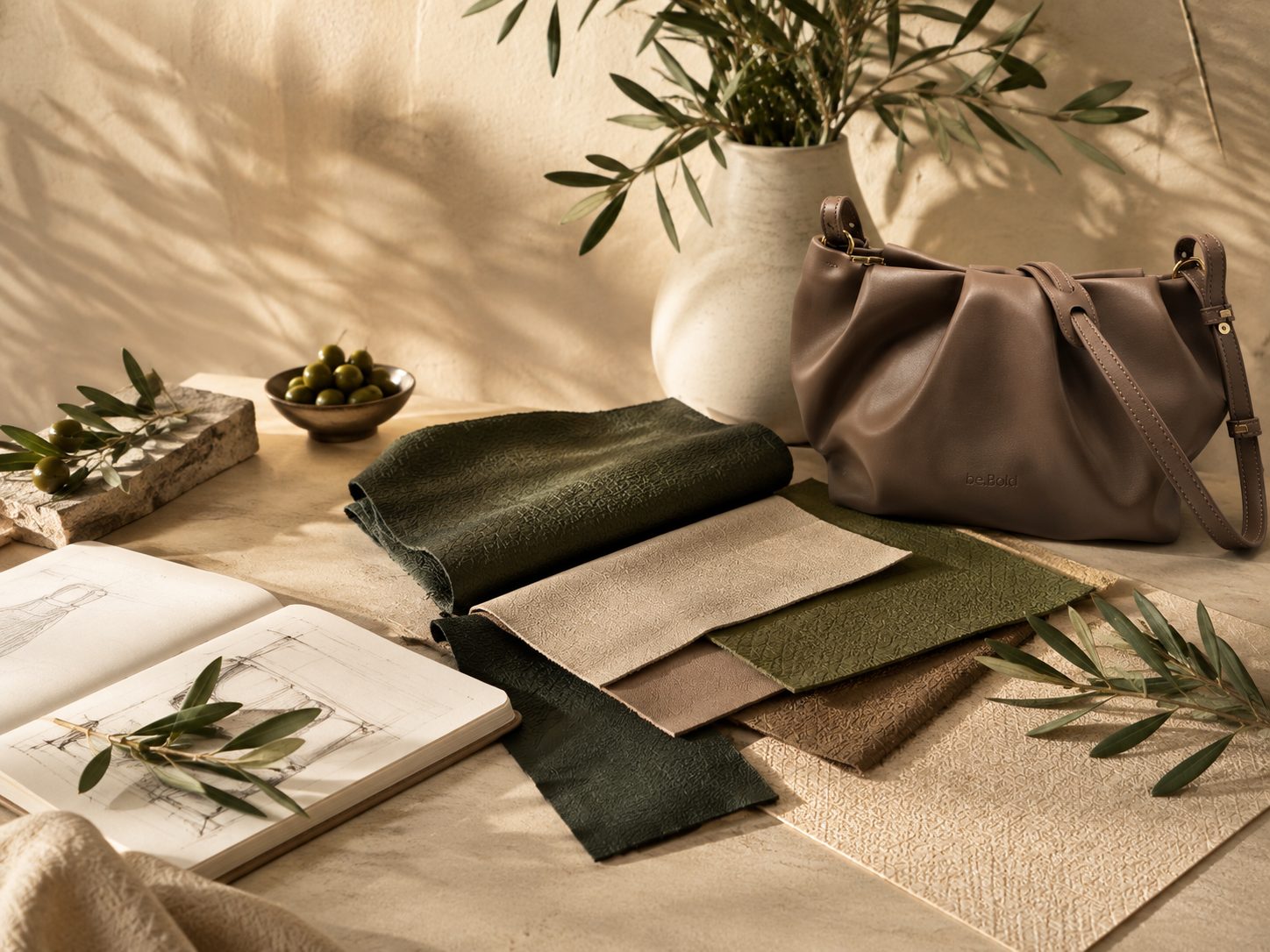 A be.Bold sketchbook of handbag drawings beside Oleatex swatches in olive and taupe, a bowl of olives, olive branches and a taupe be.Bold shoulder bag on a sunlit table