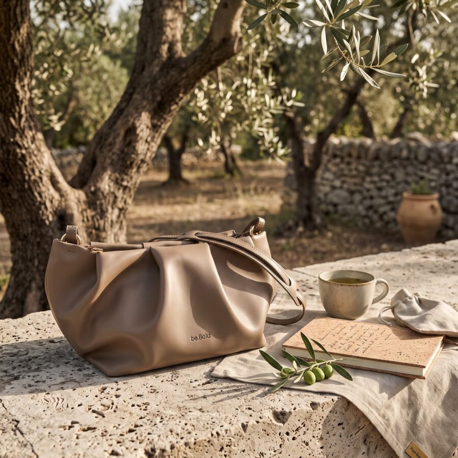 The.Chai resting on a stone table in an olive grove