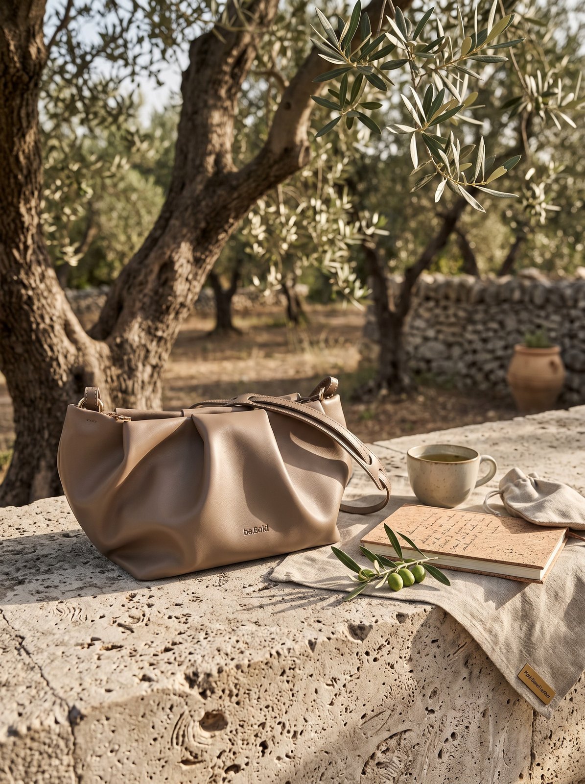 The.Chai resting on a stone table in an olive grove