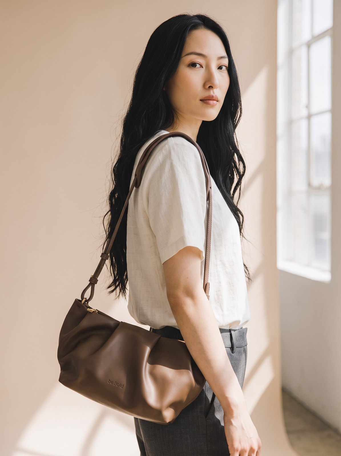 The.Chai worn over the shoulder, seen from the side