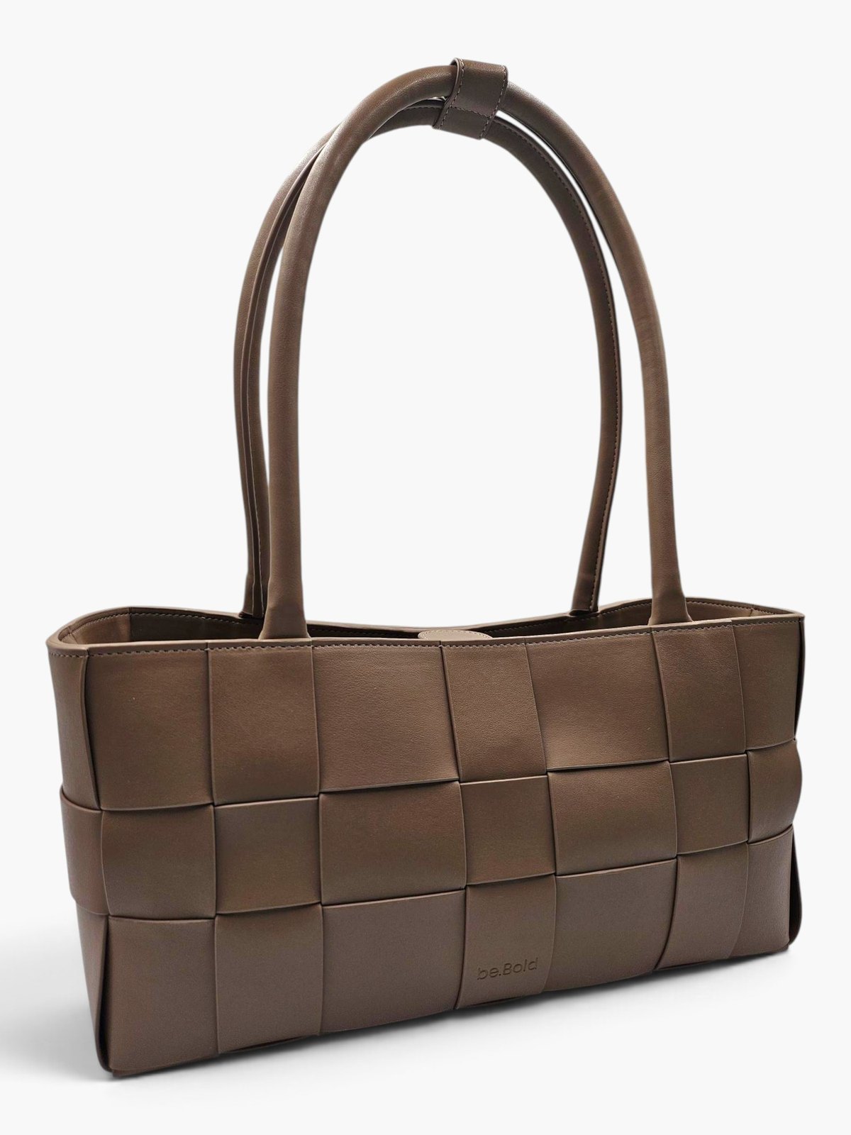 The.KTP in brown taupe, angled to show its woven panels